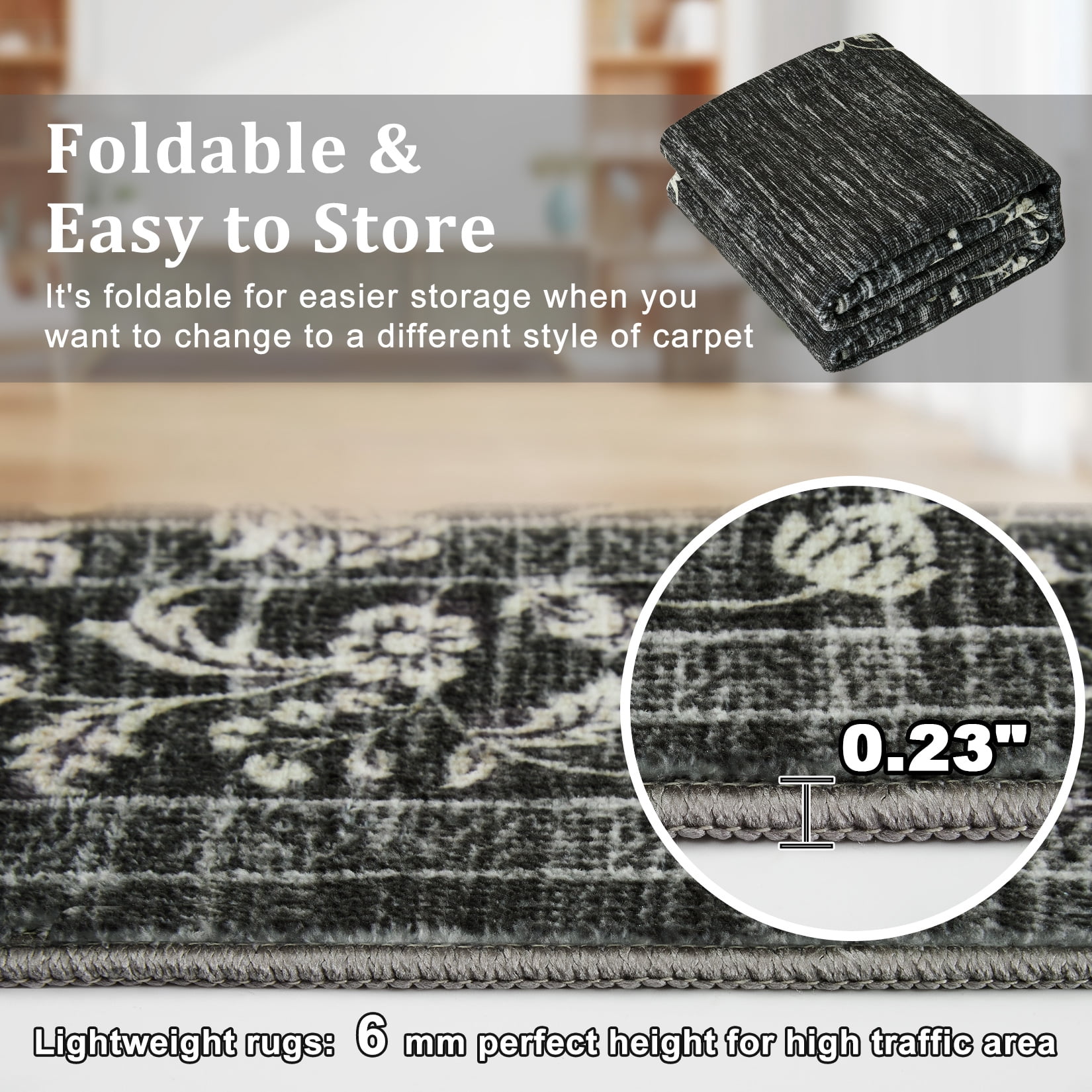 Hasoo Modern Washable Indoor Carpet 8' x 10' Black Area Rug for Living Room Geometric Border Floral Pattern Non-slip polyester Room Decor Rug