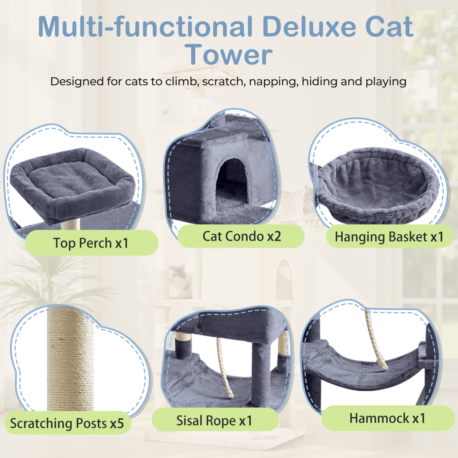 CONCETTA 66in Multi Level Cat Tree Tower,Cat Scratching Posts with Large Top Perch and Hammock,Gray