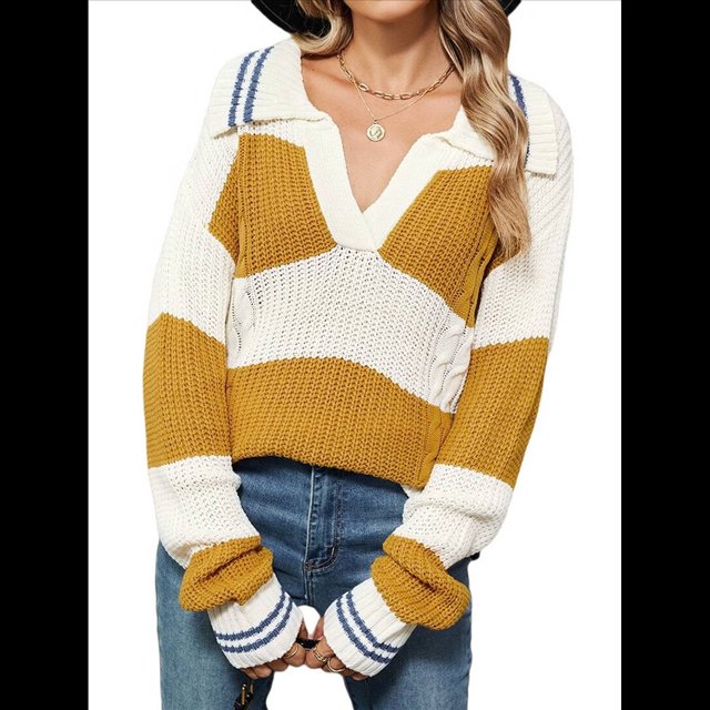 Suéter de Punto para Mujer, con Solapa A Rayas, Holgado, Cuello en V, Informal, de Larga y Bloques de Color, para Otoño e Invierno Amarillo y XL