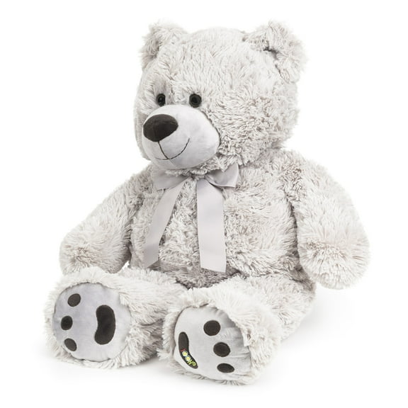 JOON Big Teddy Bear - Fluffy Faux Fur, Ribbon & Bow Signature Footprints- Huggable & Lovable Joy - Ideal Gift for Baby Showers, Loved Ones – Perfect Big Cuddly Plush Toy Companion, 28 Inches, Gray