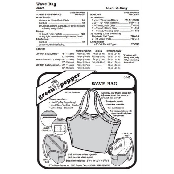 Wave Bag Carry All Purse Pack Tote #552 Sewing Pattern (Pattern Only)