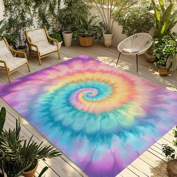 Fsddascl Colorful Tie Dye Outdoor Rug for Patio/Deck/Porch, Non-Slip Large Area Rug 4 x 6 Ft, Rainbow Ombre Abstract Pattern Art Indoor Outdoor Rugs Washable Area Rugs, Reversible Camping Rug Carpet
