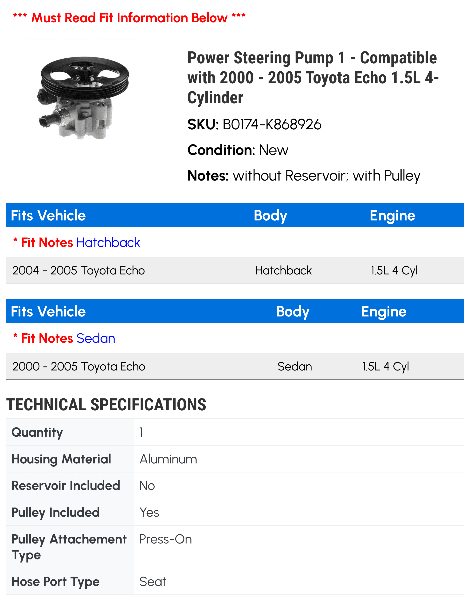 Power Steering Pump 1 - Compatible with 2000 - 2005 Toyota Echo 1.5L 4-Cylinder - Autopart Premium