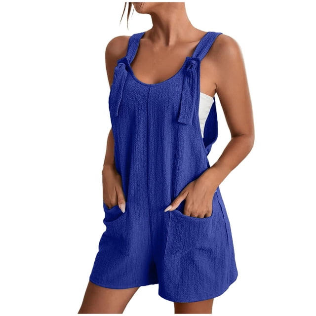 TrendOFT Womens Casual Summer Jumpsuit Plus Size Button Solid Sleeveless Rompers For Women One Piece Overalls Blue S