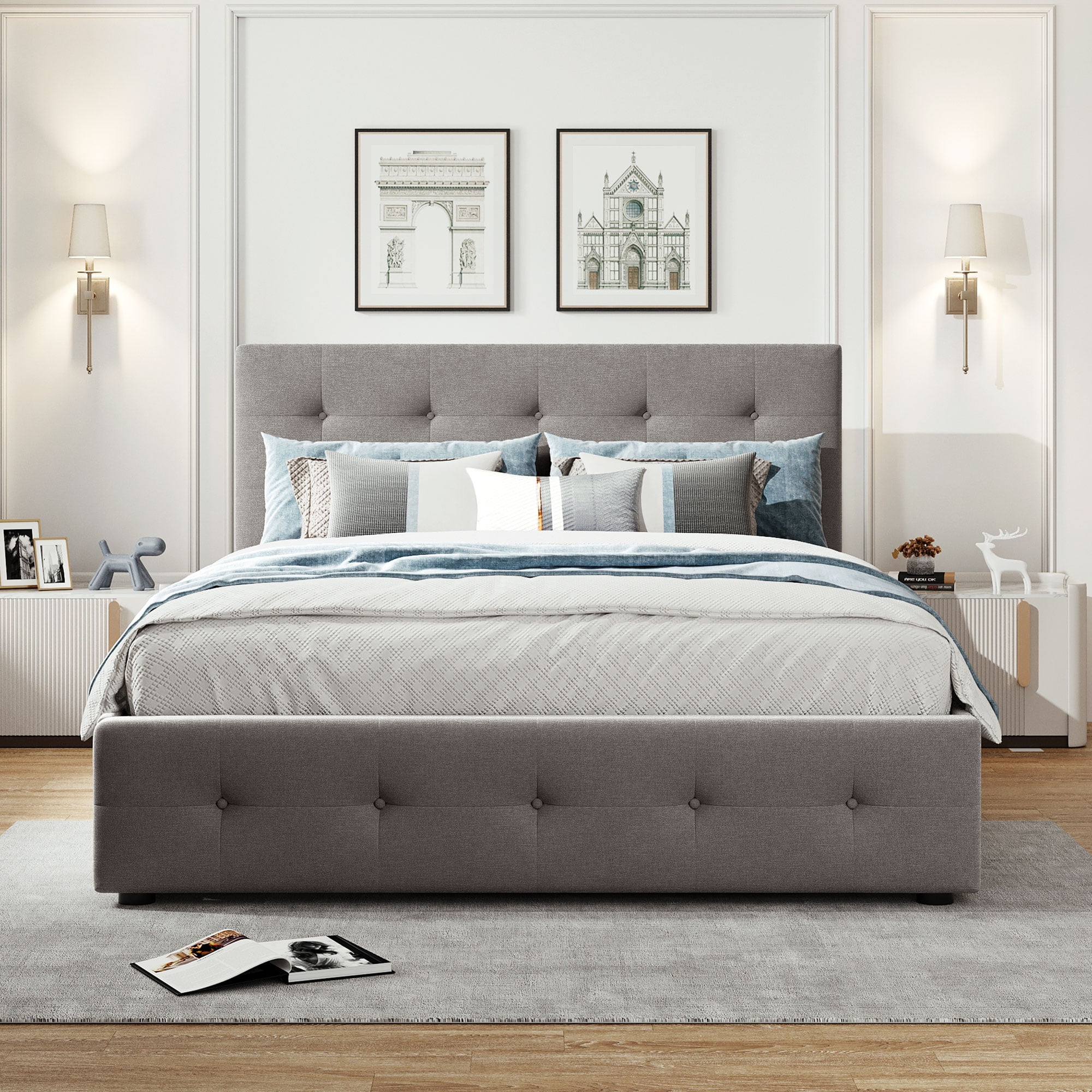 PAPROOS Queen Platform Bed Frame with Storage, Upholstered Platform Bed with Tufted Button Headboard, 2 Drawers & Twin Size Trundle, No Box Spring Needed, Queen Size Bed Frame, Dark Beige