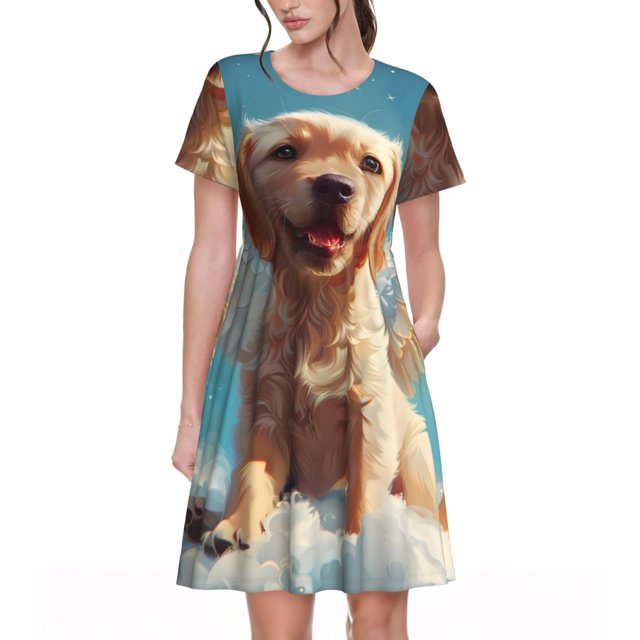 Disketp Cute Angel Winged Dog para Vestido de Manga Corta para Mujeres, Vestidos de Verano para Mujeres, Casual y Holgado para la Playa
