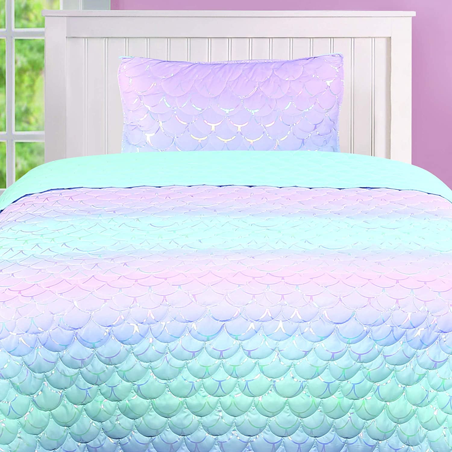 Tadpoles Girls Mermaid Pattern Quilt Set, with 1 Twin Size Quilt and 1 Standard Sham, Lightweight, Soft, and Durable, Iridescent Metallic,for Kids, 2-Piece Set - Twin