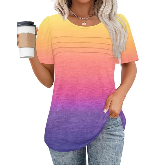 Qepwsc Casual Womens Crew Neck T shirts Short Sleeve Pleated Tops Gradient Blouses Fashion Clothes 2025 Colorful Tees Loose Fits Ladies Going Out Tops and Blouss Sweatshirt S-XXL