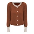 thumbnail image 4 of VISALY Cropped Cardigan Crewneck Cardigan Womens Cropped Cardigan Sweaters Button Down Open Front Long Sleeve Fall Trendy Color Block Knit Coats Office Cardigans Winter Cardigan Coffee Xl, 4 of 6