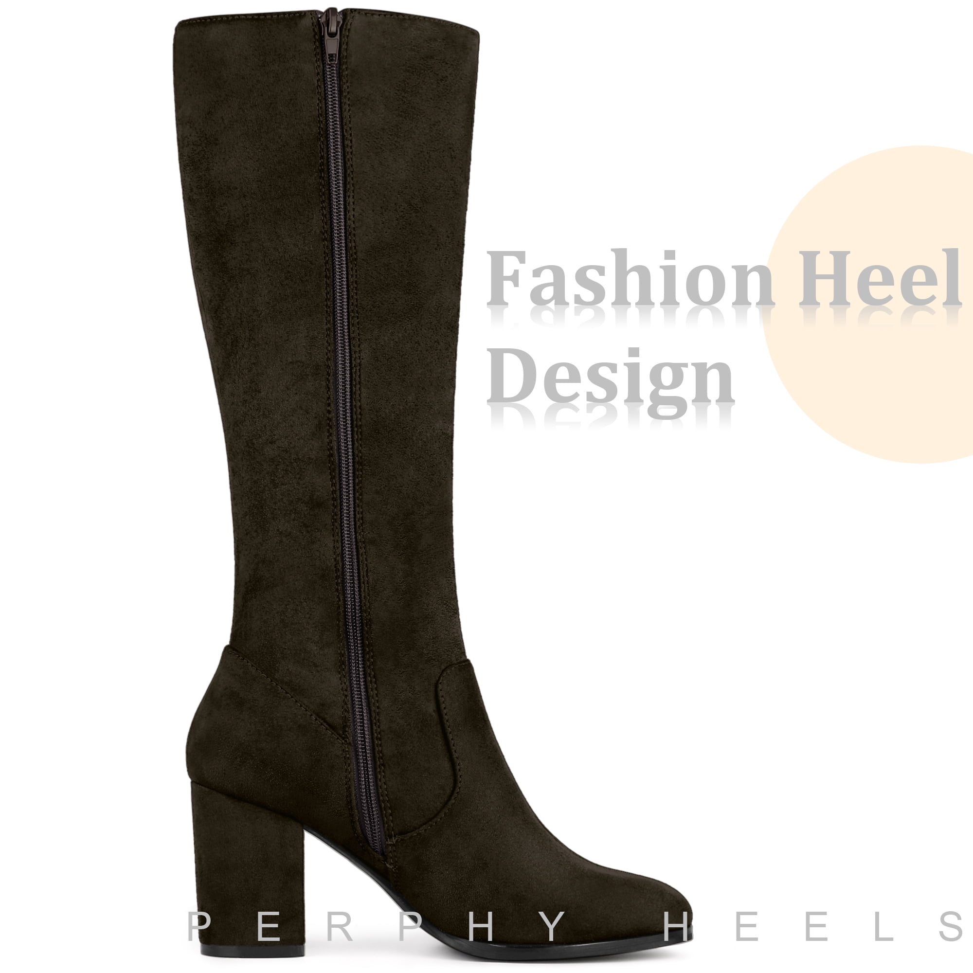 DARING DIVA Women's Stylish Side Zipper Chunky Heel Knee High Boots Dark Coffee 7