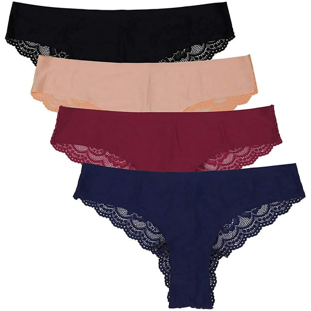 Charmo Women's Lace Trim Tanga Panties Nylon Bikini Thongs Underwear, 4-Pack