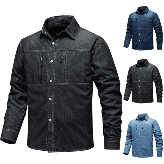 Men's Button Down Shirt Long Sleeve Denim Work Shirts Stretch Comfort Casual Shirt with Zipper Pockets for Outdoor Daily