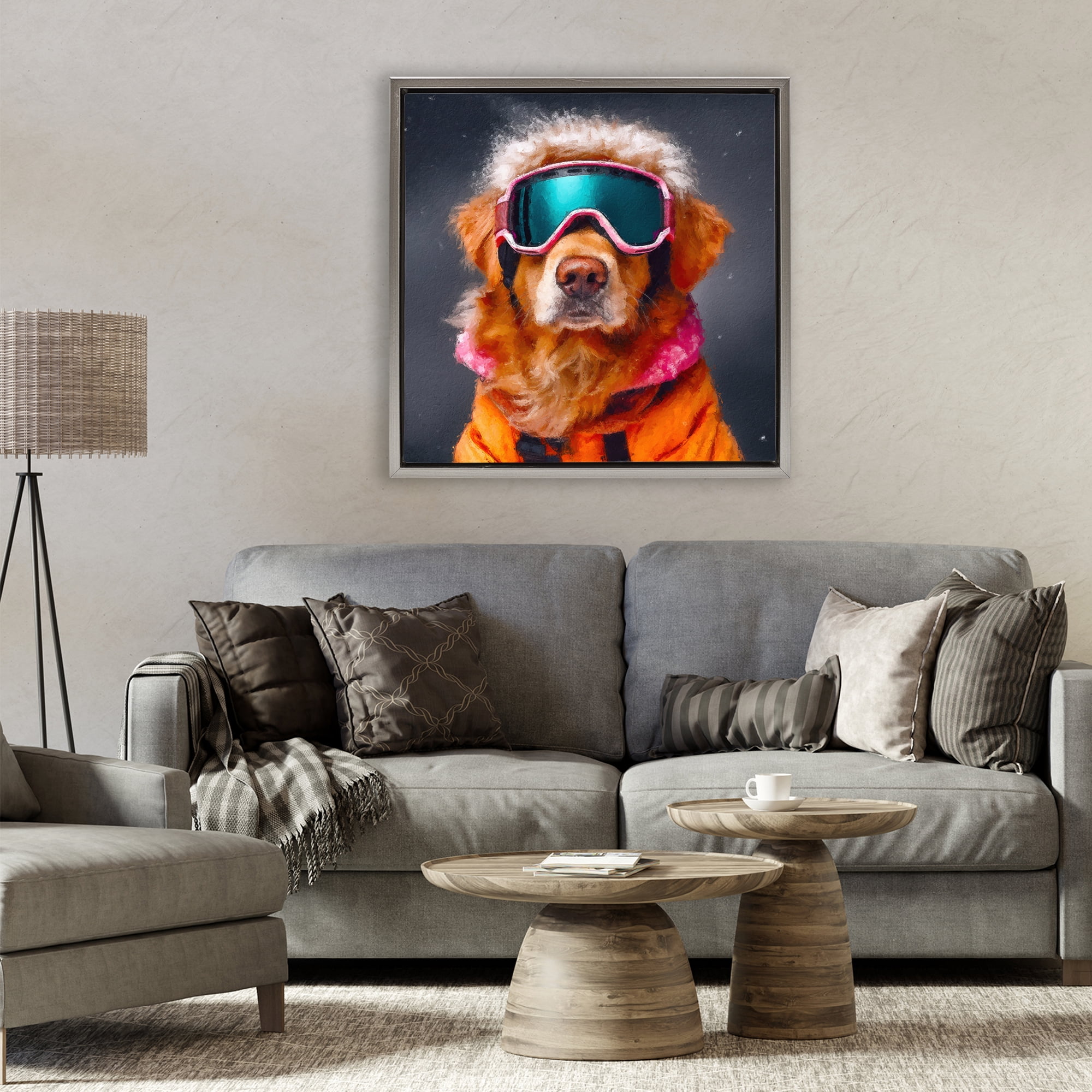 Ski Dog with Goggles Gray Framed Floater Canvas Wall Art, design by Sean Parnell