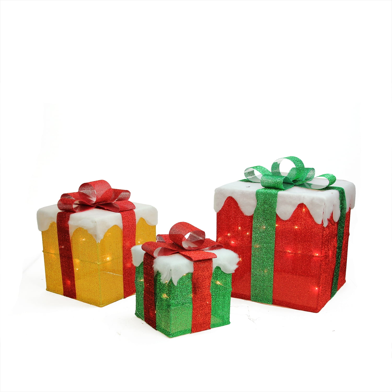 Set of 3 Lighted Gold, Green and Red Gift Boxes Christmas Outdoor
