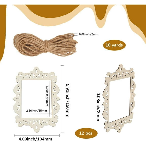 12Pcs Unfinished Wood Picture Frames Hanging Photo Frames with Rope Small 2 x 3 Inch Embossed Hollow Blank Photography Accessories Sets for DIY Display Photos Pictures Painting Decoration