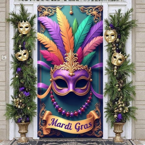 Colorful Feathers Mardi Gras Banner Gold Decorative Carnival Display Purple Mask Beaded Necklace Feather Backdrop for Mardi Gras Party Carnival Celebration Festival Event