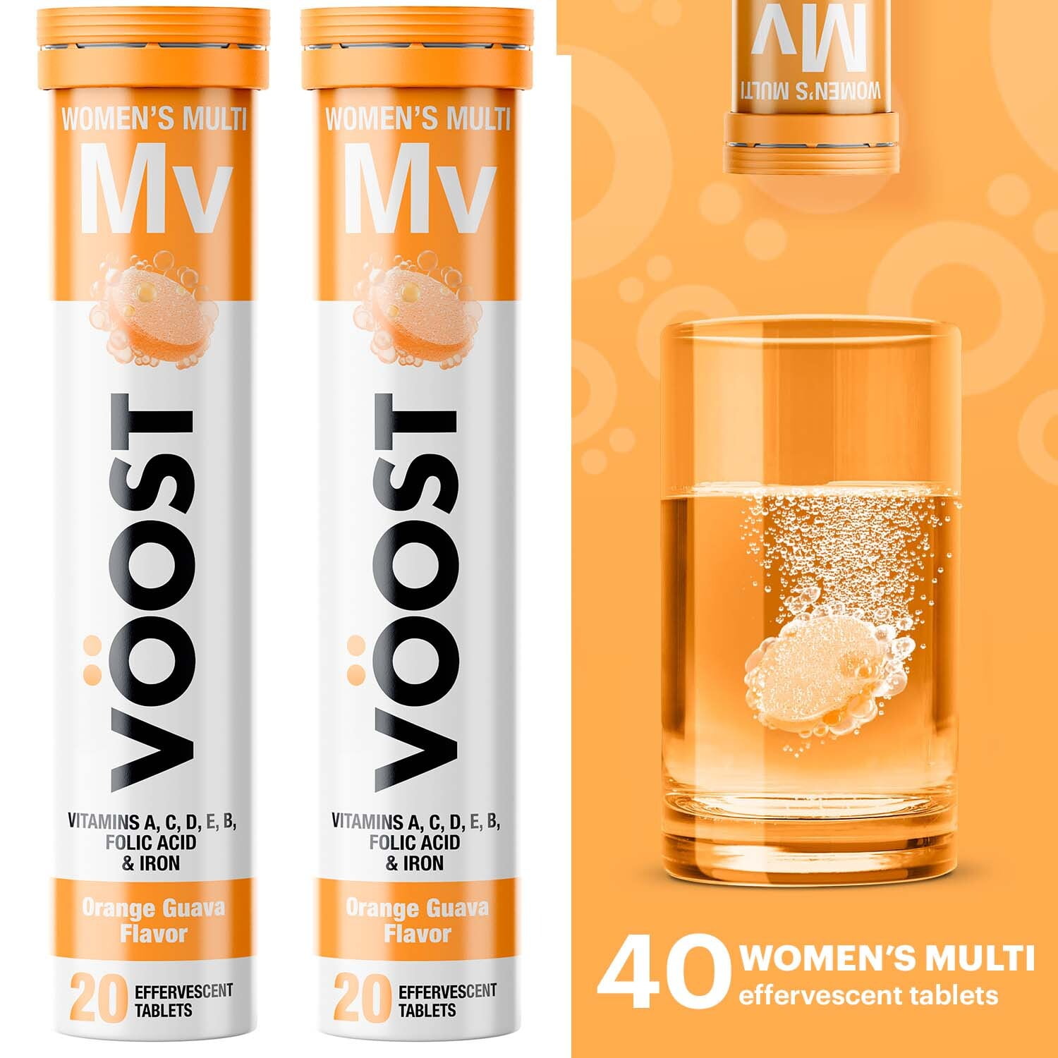 Voost Women's Multivitamin Effervescent Vitamin Drink Tablet, Orange Guava Flavor, 40 Ct