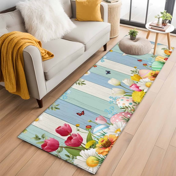 Easter Bunny 2'x6' Runner Rugs for Hallway Kitchen Bedside Non Slip Washable, Spring Watercolor Eggs Flower Wood Grain Entryway Rug Runners with Rubber Backing, Long Carpet Runner for Laundry Room