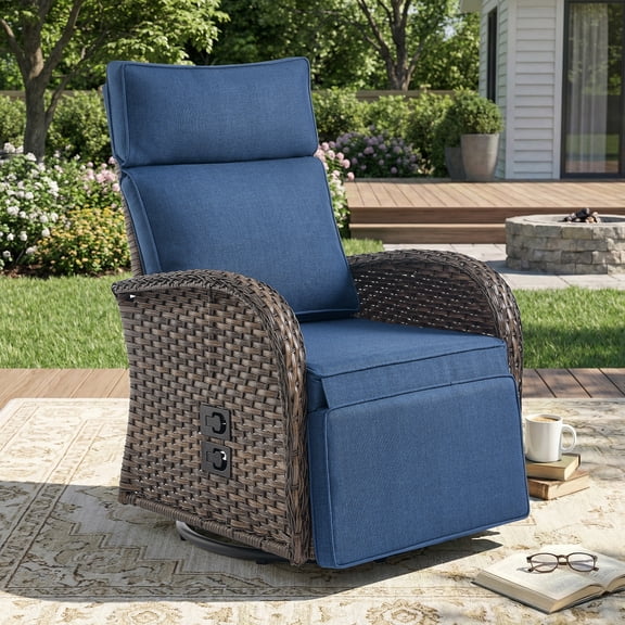 Giantfurnni Outdoor Wicker Swivel Reclining Chair Patio Chaise Lounge Chair Recliner with Adjustable Backrest and Footrest for Pool Deck
