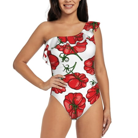 Lukts Hand Drawn Tomatoes Women One Piece Swimsuits Tummy Control One Shoulder Bathing Suits Ruffle Swimwear-Small