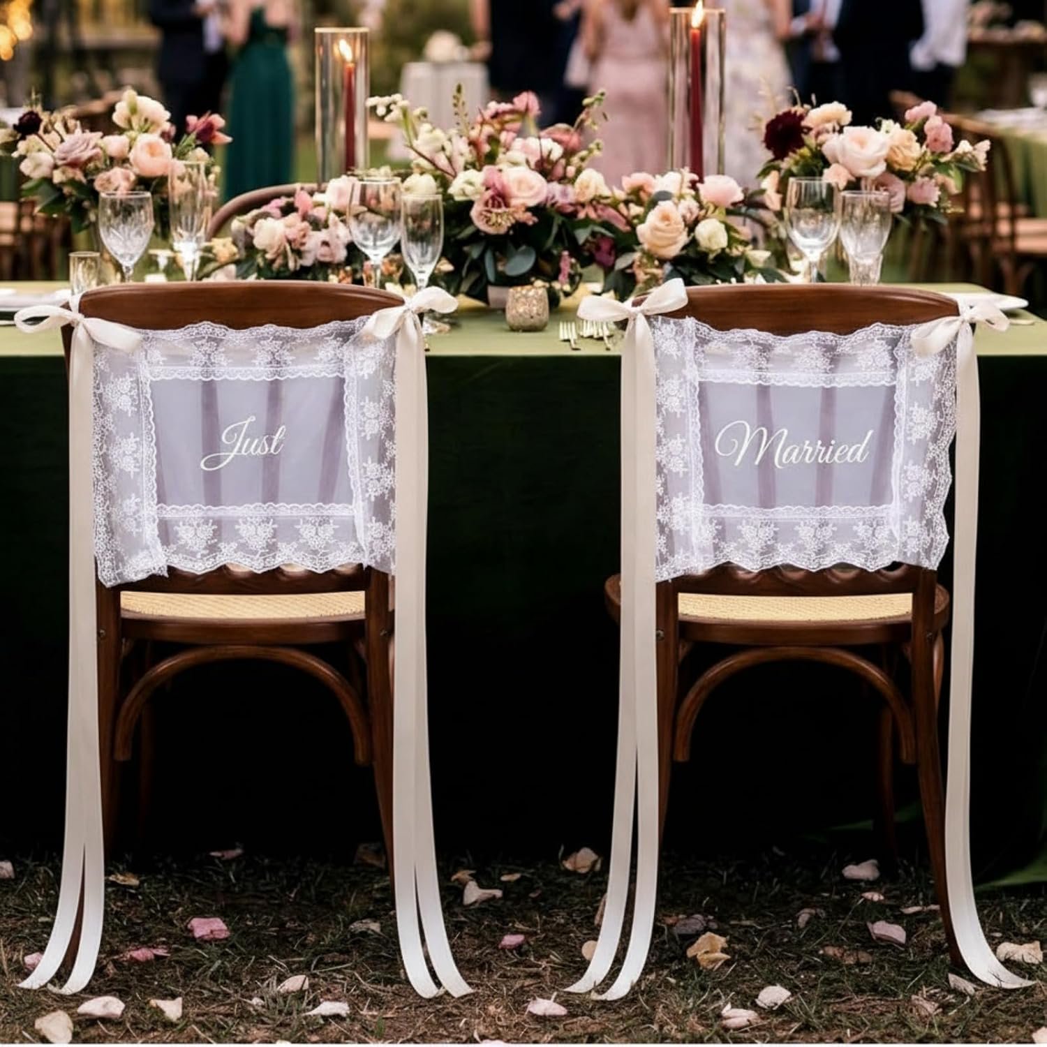 2 Sets Dusty Pink Sheer Lace Wedding Chair Signs with Ribbons Just Married Sheer Tulle Covers Vintage Chairs Back Decoration for Bridal Shower Engagement Party Rustic Wedding Ceremony(RL)