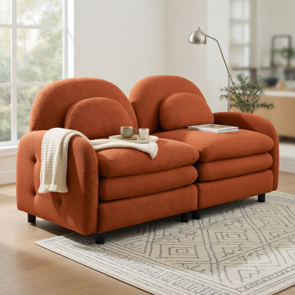 Hommoo Teddy Fleece Modular 4-Seat Sofa, Cloud-Like Softness, Curved Backrest & Armrest, Double-Layer Cushioning with Lumbar Support, Orange