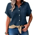 thumbnail image 2 of GXIPO Button Down Shirt Women Cotton Short Sleeve Blouses V Neck Collared Button Up Summer Beach Tops Navy L, 2 of 6