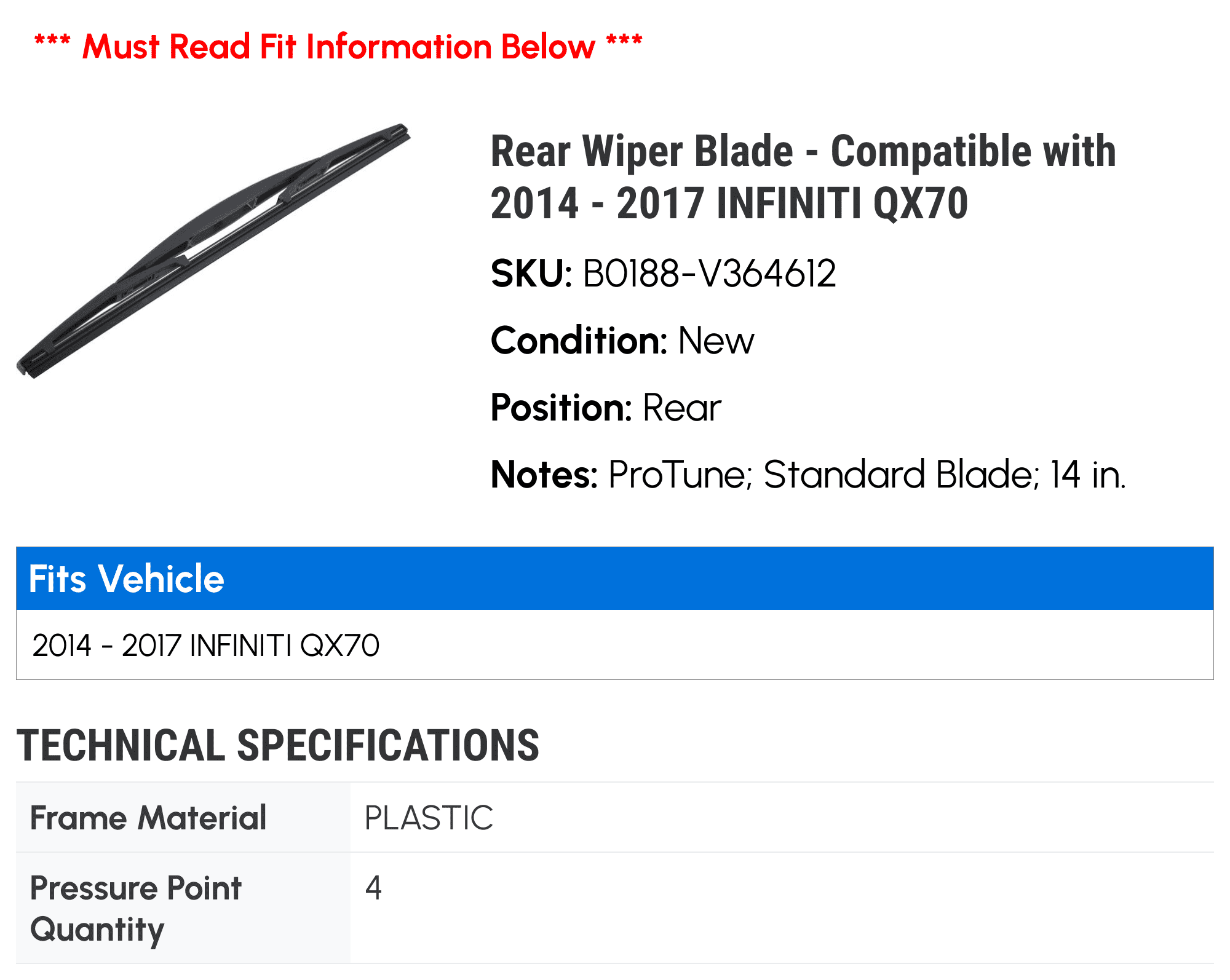 Rear Wiper Blade - Compatible with 2014 - 2017 INFINITI QX70 2015 2016
