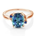 thumbnail image 2 of Gem Stone King 18K Rose Gold Plated Silver Millennium Blue Mystic Topaz and Blue Created Sapphire 3 Stone Ring for Women (3.04 Cttw, Oval 10X8MM, Gemstone Birthstone, Size 9), 2 of 4