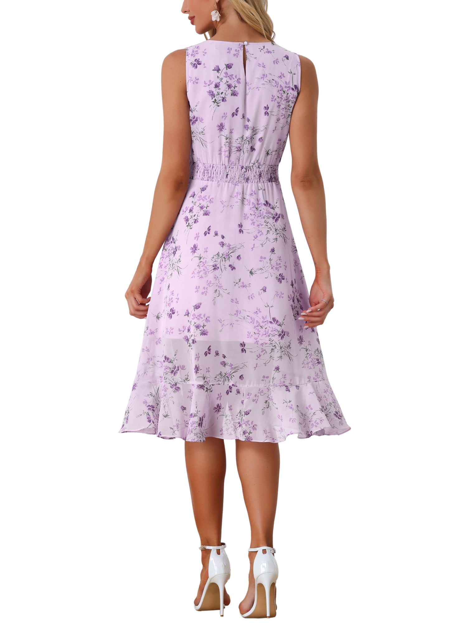 Women's Summer Dresses 2025 Wrap Ruffle High Low Hem Round Neck Keyhole Back Sleeveless Floral Dress L Purple