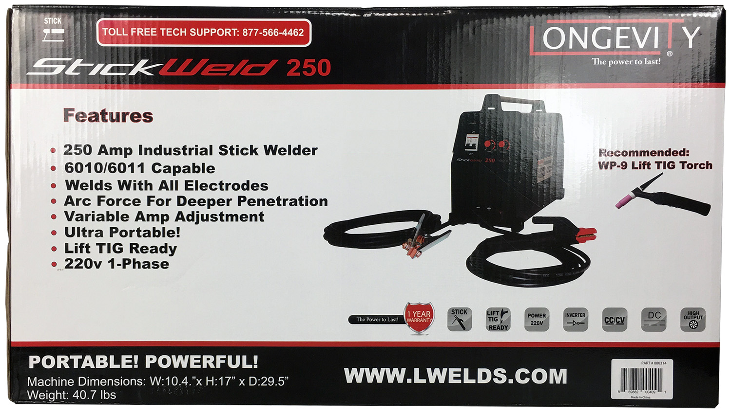 Longevity STICKWELD 200 200 Amp 220V STICK Welder with AntiStick 6010/