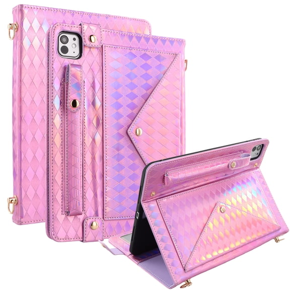 ELEHOLD Case for iPad pro 11 2022/2021/2020/2018/air4 10.9/air5, Crossbody Leather Wallet Protective Case Built-in Stand and Pen Slot,Pink