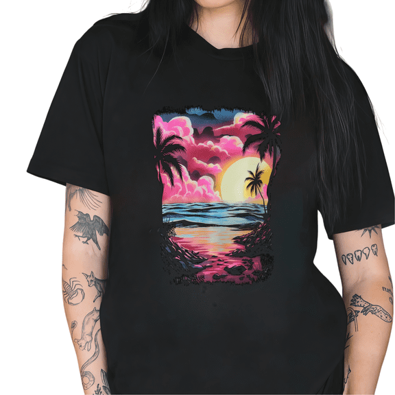 Cozymy Women's Vibrant Tropical Sunset Beach Graphic Short Sleeve T-Shirt Retro Palm Tree Cotton Crewneck Top