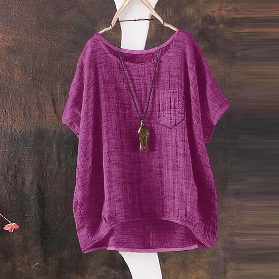 Summer Tops for Women 2026 Short Sleeve Crew Neck Linen Cotton Shirts Plus Size Gauze Casual Dressy Blouse, Purple M