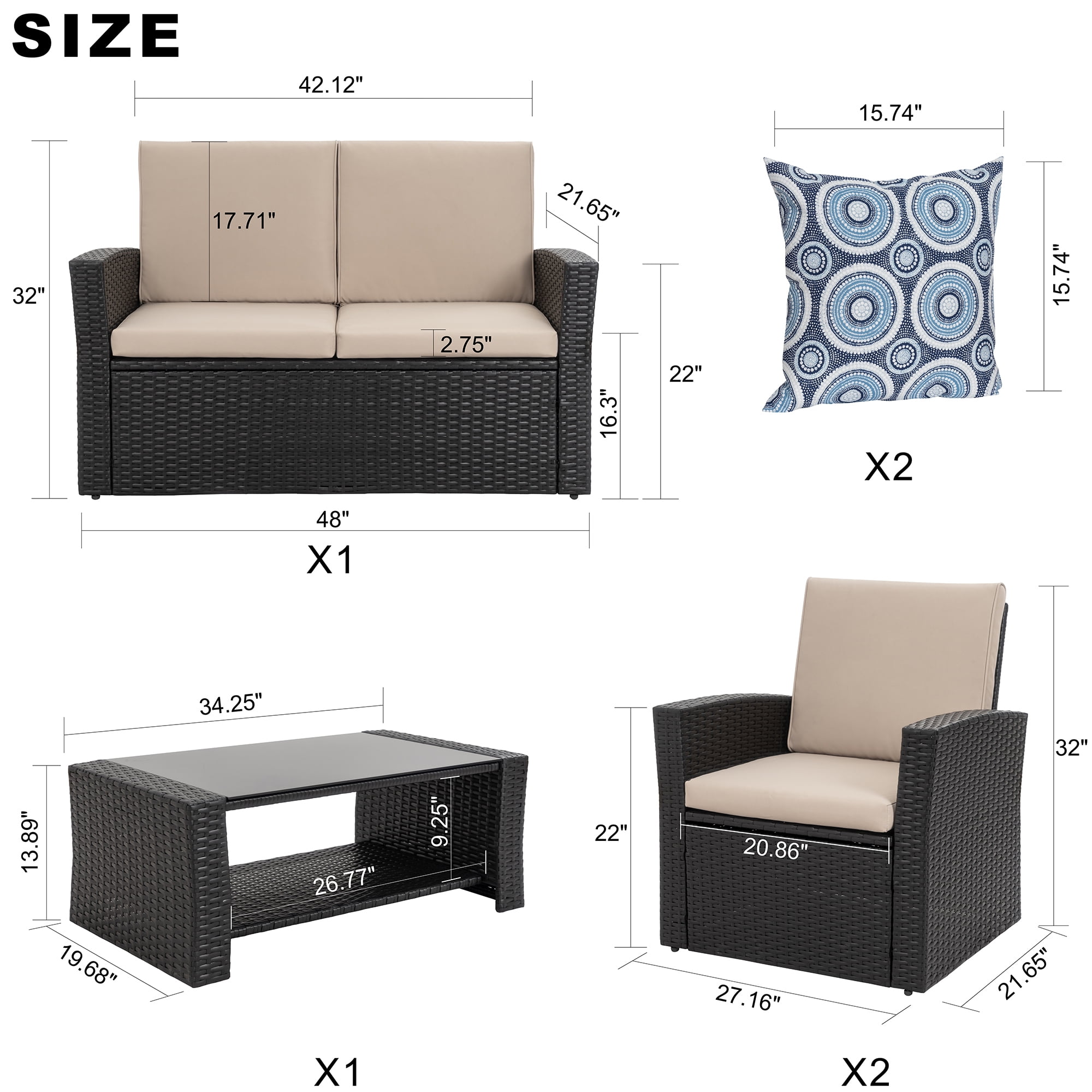 Walsunny 4 Pieces Outdoor Sectional Conversation Wicker Patio Furniture Set with Cushion Table for Backyard,Porch,Garden,Poolside Balcony,Gray