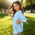 thumbnail image 6 of KVPLBQFD Girls 2 Piece Summer Outfits Kids Oversized Side Split Short Sleeve Shirts Matching Biker Shorts Lounge Set Indoor Lightweight Teen Girl Clothes, 6 of 6