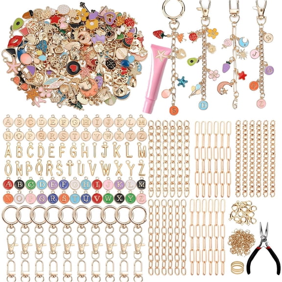 500Pcs Lip Gloss Keychain Making Kit with Charms, DIY Bag Charm Kit Including Key Chain Hooks, Jump Rings, Lobster Clasps & Tools, Gold Enamel Craft Making Supplies for Adults Teens Gifts