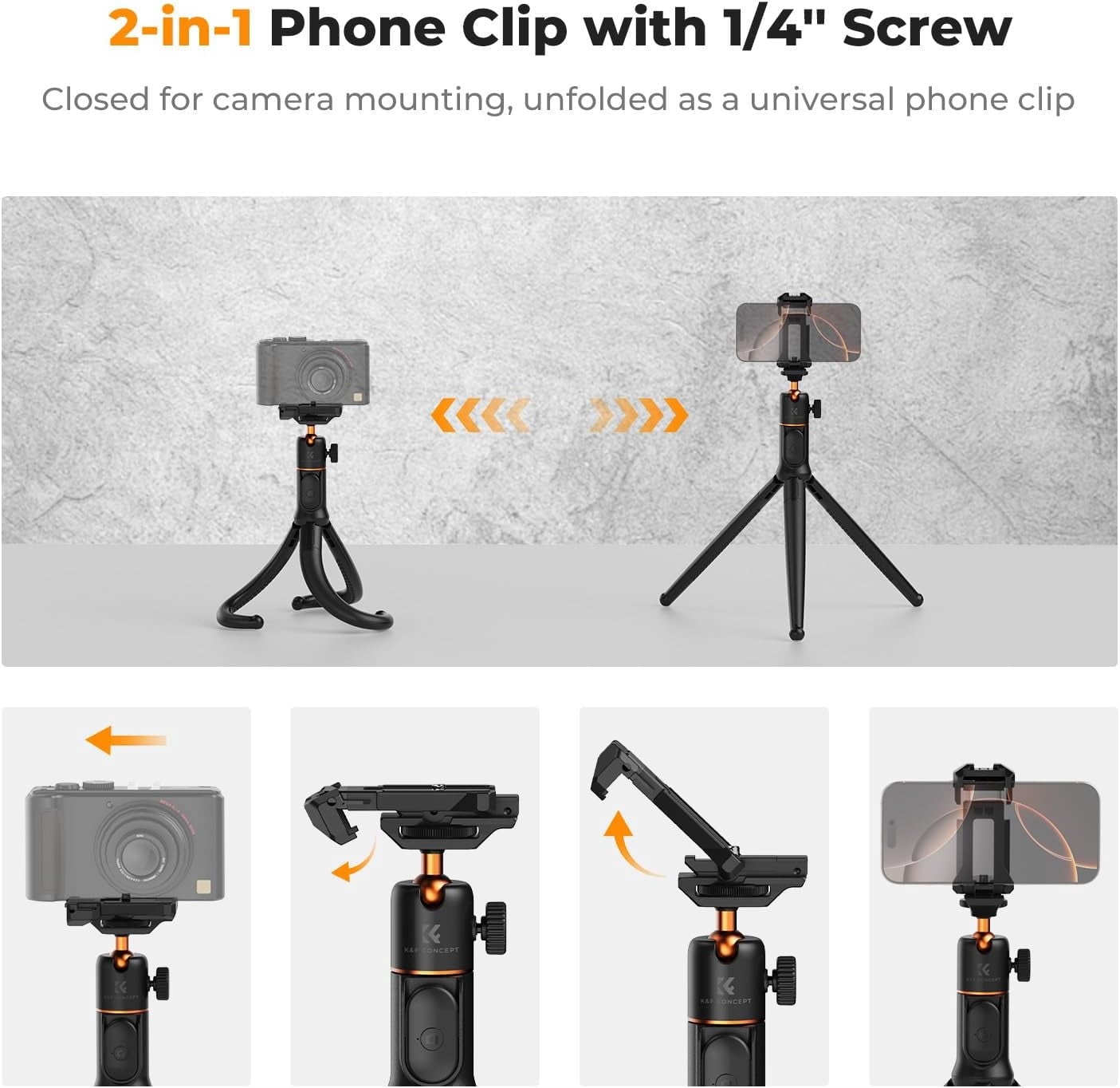 K&F Concept Phone Tripod, Extendable Flexible Tripod with Remote 24in Small Tripod, Mini Tripod, Max Load 4.4lb for Phone 16 15 14 Pro Max XS Max X 8 Samsung CO NIK SNE
