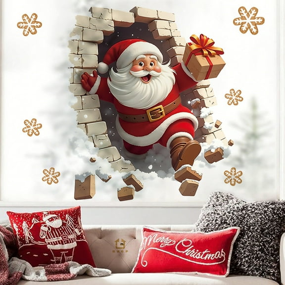 Darzheoy Santa Claus Window Decal, 3D Broken Wall Effect Sticker with Self-Adhesive Vinyl for Christmas Home Office Decor, for Holiday Party Decoration