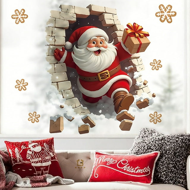 Santa Claus Decoration,Santa Claus Broken Window Sticker, Holiday Decorative Glass Cling Film