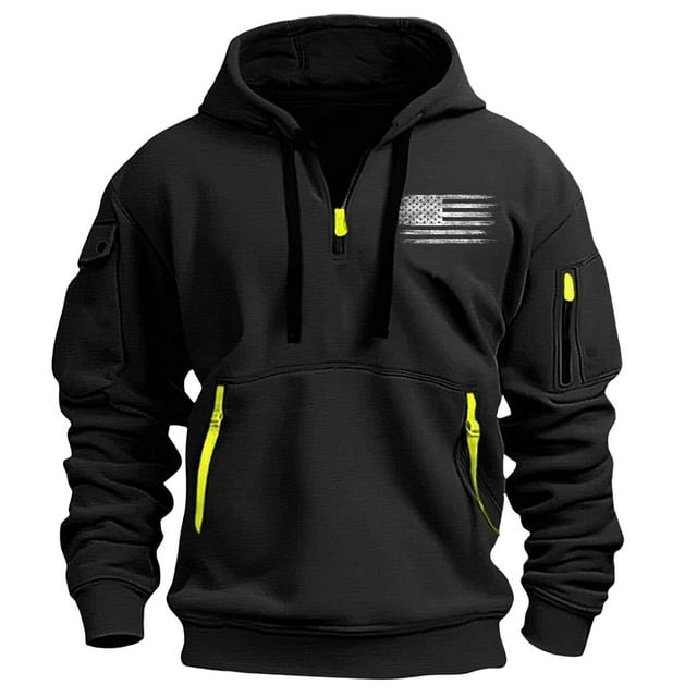 Lovzfmll Printed Zip-Up Hooded Sweatshirt with Pockets for Men, Long Sleeve Pullover for Spring and Fall Black, S