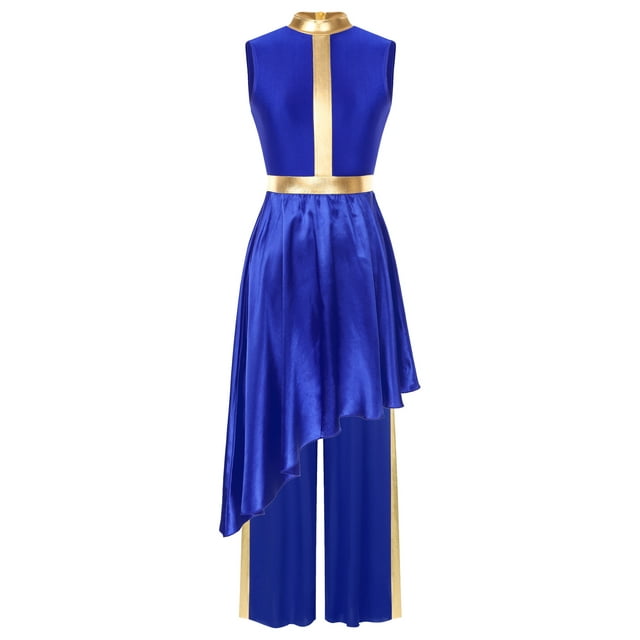 Zaldita Robe de Danse de Louange pour Femmes Sans Manches Métallisée Ourlet Asymétrique Robe + Pantalon Ample Bleu Royal G