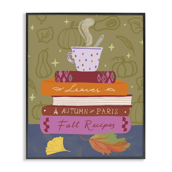 Stupell Industries Autumnal Mug on Bookstack Education Painting Black Framed Art Print Wall Art, 11 x 14