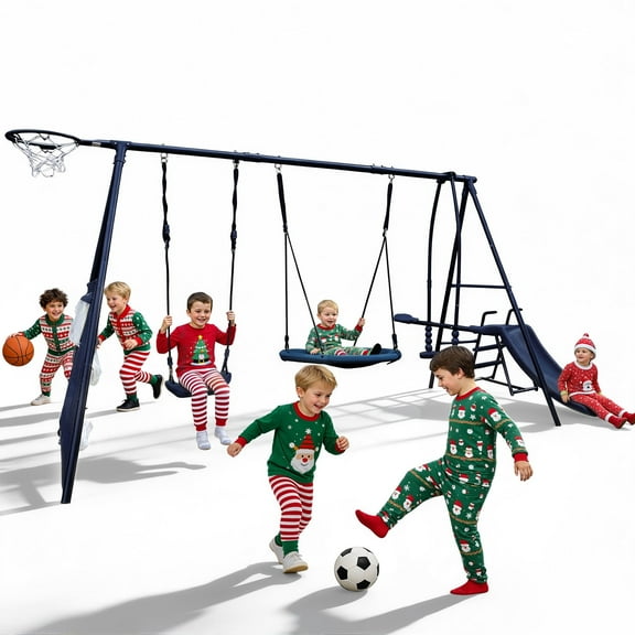 Enyopro Backyard Swing Sets for Outside, 440lbs Swing Set with Slide, Saucer Swing, Face-to-Face Swing, Basketball Hoop and Soccer Net, Outdoor Playground Playset for 3  Kids, Blue