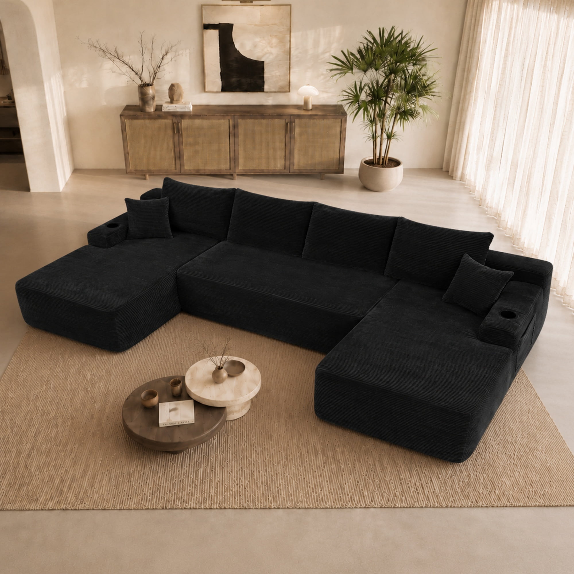 126"W U Shape No-Assembly Sectional Sofa with Chaise, Modular Couch Set with Pockets & Cup Holders, Deep Seat Upholstered Sofa