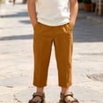 thumbnail image 5 of JOANKDMI Boys Cotton Linen Casual Pants Lightweight Elastic Waist Trousers Loose Fit Cropped Ankle Pants for Kids Summer Beach Vacation Lounge Wear with Pockets, 8-9, 5 of 9
