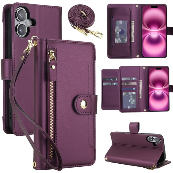 For iPhone 17 Crossbody Wallet Phone Case,With Detachable Shoulder Strap Wrist Strap,Card Slots,Zipper Pocket,Flip Foldable Kickstand,Anti-Scratch Shokcproof Phone Case,Dark Purple