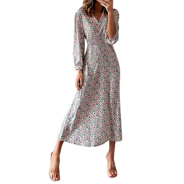 Ladies Fall V Neck Long Sleeved Dress Bohemian Print Dress - Walmart.com