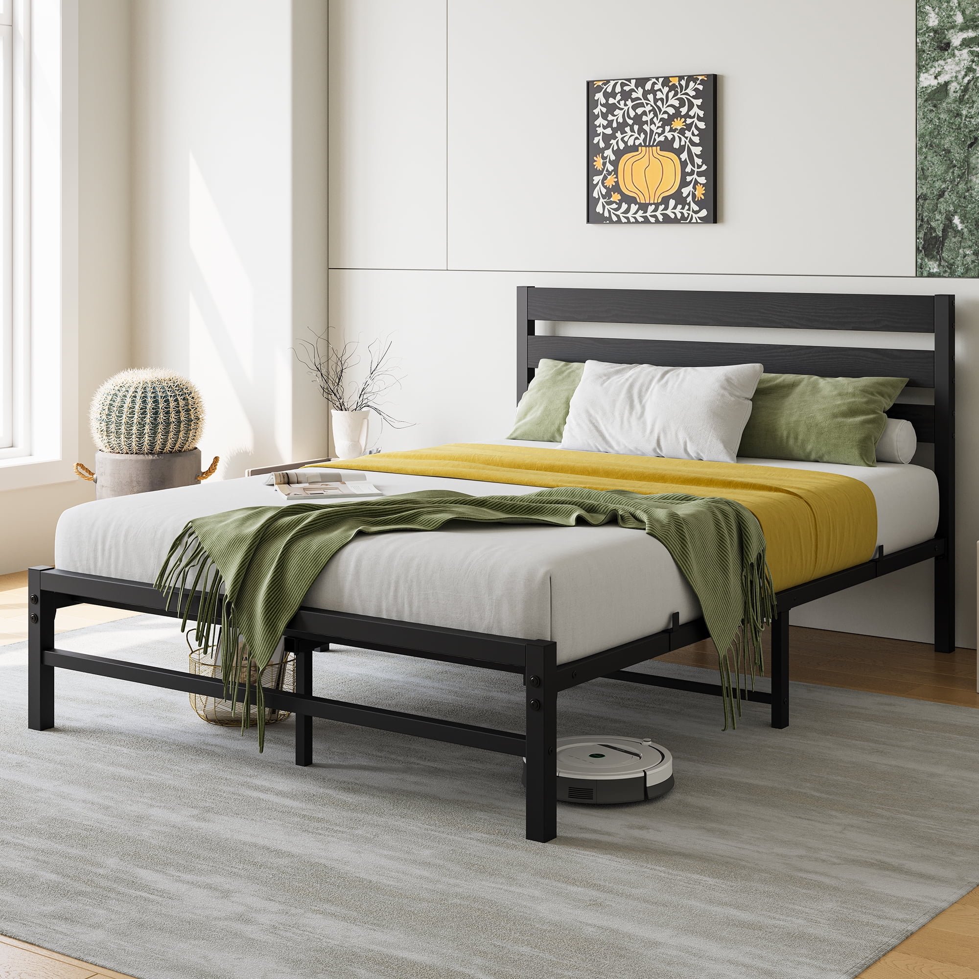MAYEERTY Full Size Platform Bed Frame with Rustic Vintage Wood Headboard, Strong Metal Slats Support Mattress Foundation, Black