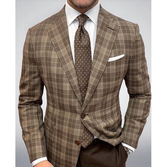 Men’s Brown Plaid Notch‑Lapel Single‑Breasted Blazer, Business Casual Suit Jacket